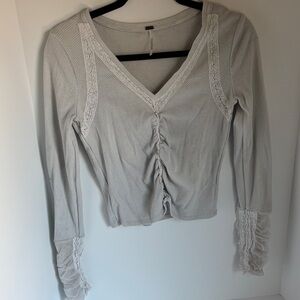 Free People Elegant Gray Lace-Trimmed Women's Top front is ruched